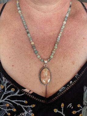 Green Amazonite Beaded Necklace with Peach Pendant